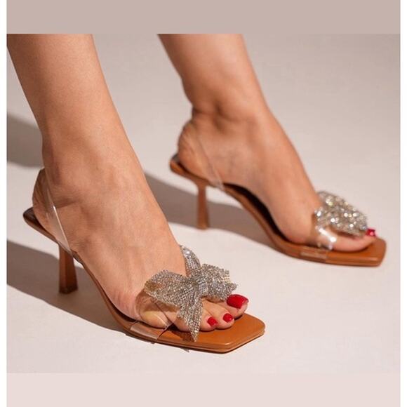 ZARA Embellished Bow Heels NWT – Vinyl Sandals with Rhinestone Detail, Sz 8 & 10 - Picture 4 of 16